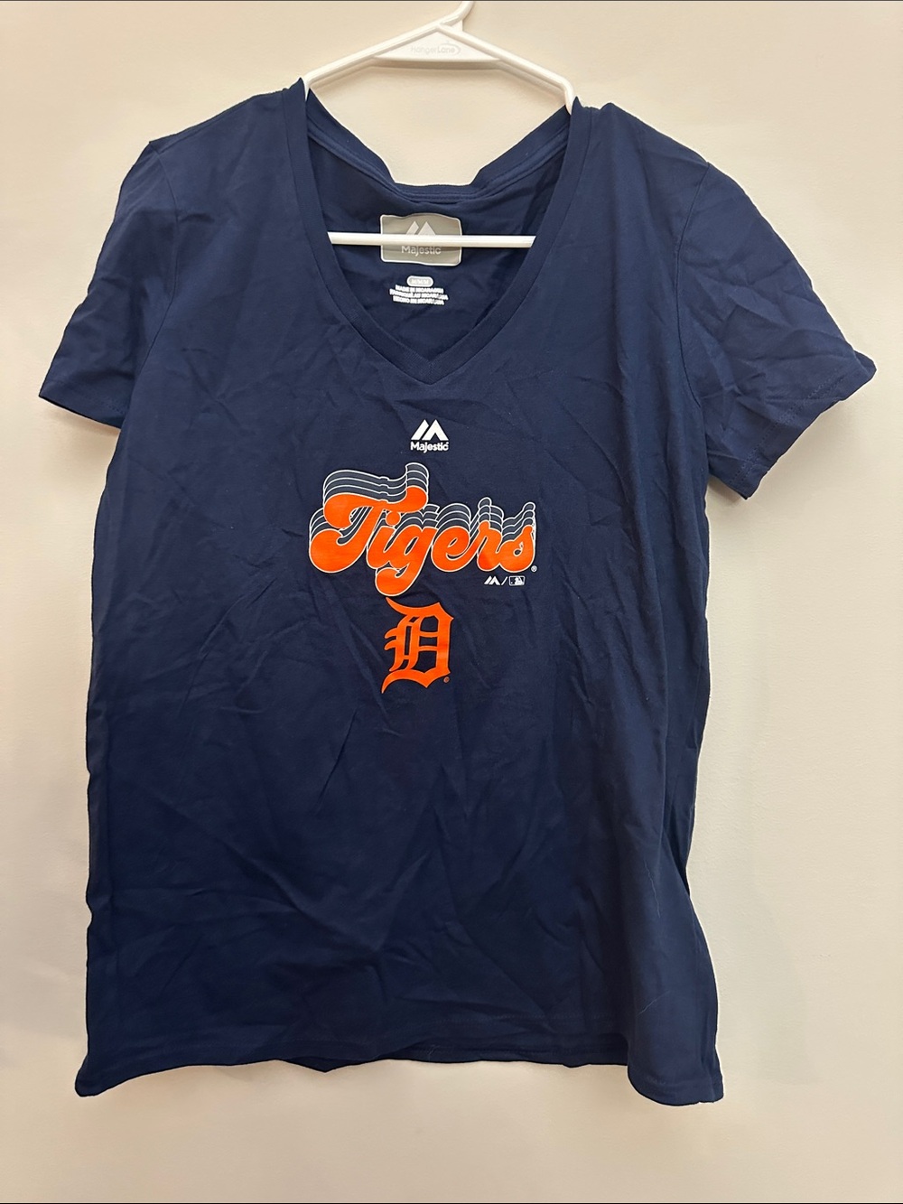 Majestic Navy V-Neck Tigers Tee with Orange Script
